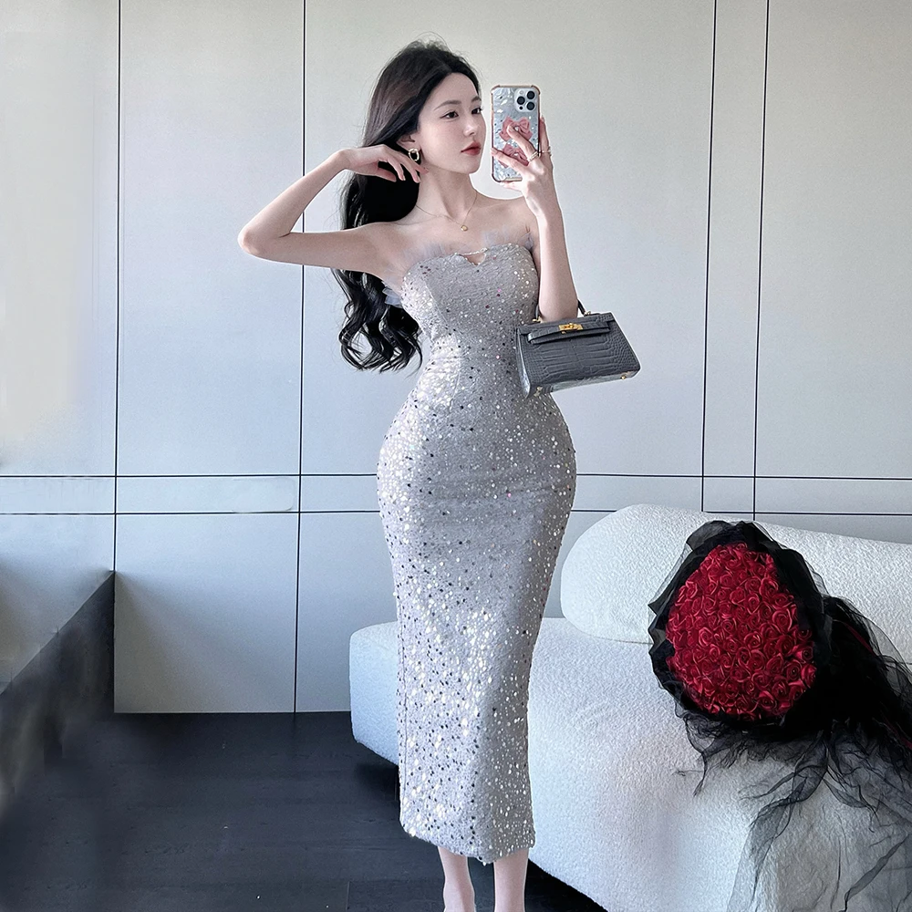 Women's New High-end Beaded Slim Fit Hip-covering Mid-length Tube Top Dress Evening Dress Suitable for Cocktail Parties Formal