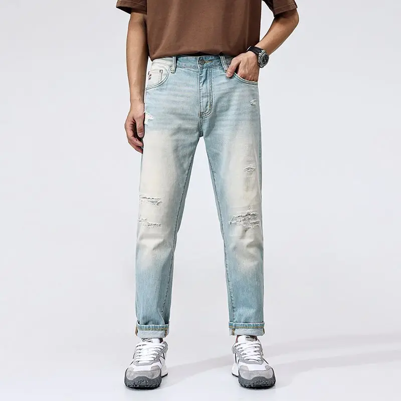 

JXNS156 New tide Slim straight jeans men's American vintage washed heavyweight small foot casual trousers
