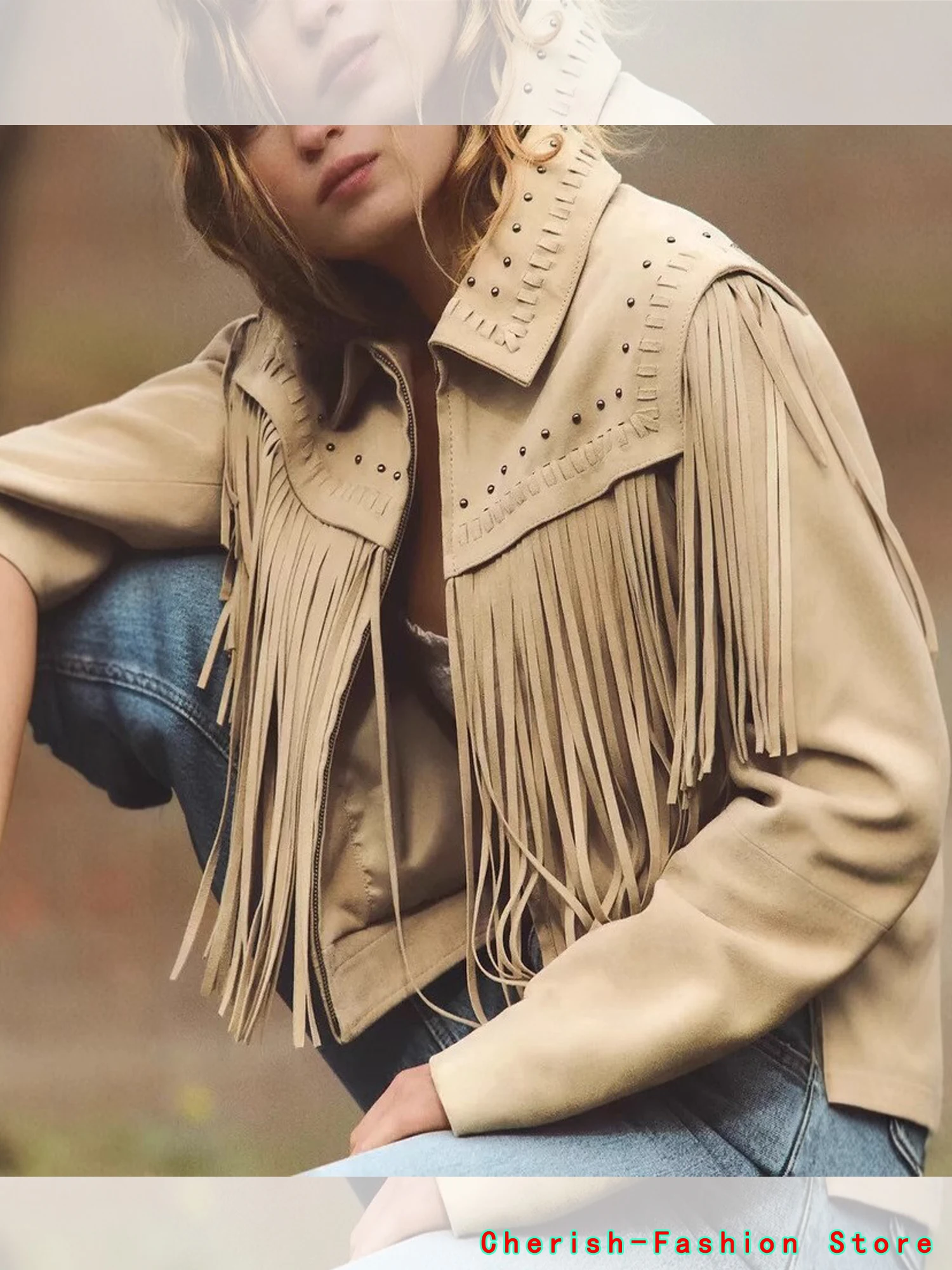 

High Street Tassel Suede Jacket Women Lapel Full Sleeves Single Breasted Jackets Female 2025 Vintage Deep Brown Casual Lady Coat