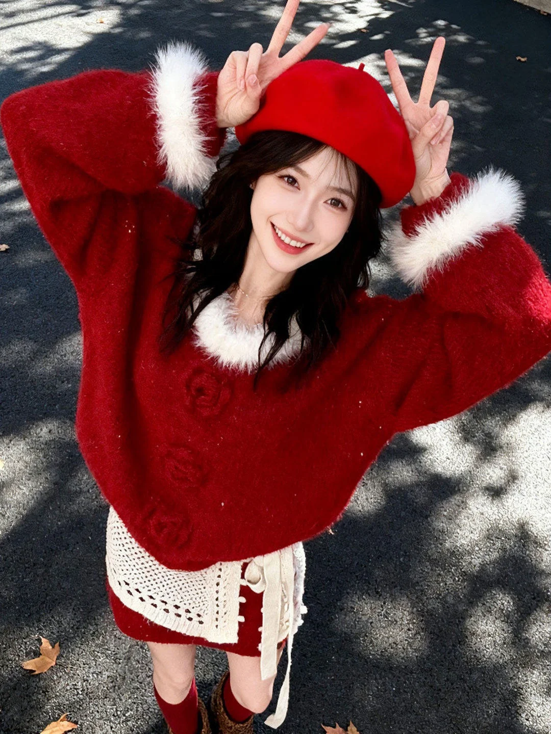 

Christmas New Year Red Fur Collar Sweater Skirt Set Korean Lazy Style Winter Fashion Women's Two-Piece Suit High Waist Skirt