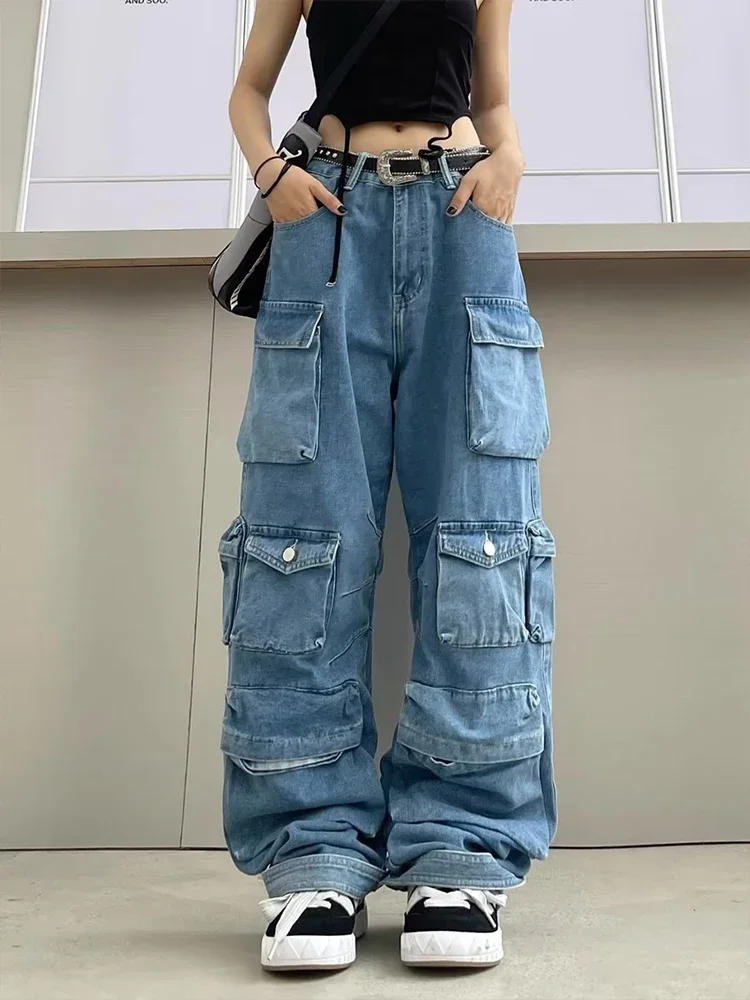 Fashion Washed Jeans Multi-Pocket Cargo Pants Y2k Retro Streetwear High Waist Jeans Casual Wide Leg Pants Blue