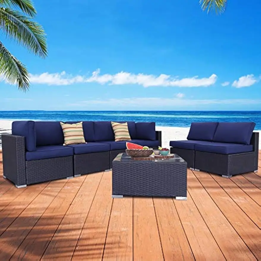 

7PCs Outdoor Patio Rattan Sofa, Sectional Furniture Sets Manual Weaving Wicker Conversation Set, Cushions and Glass Table