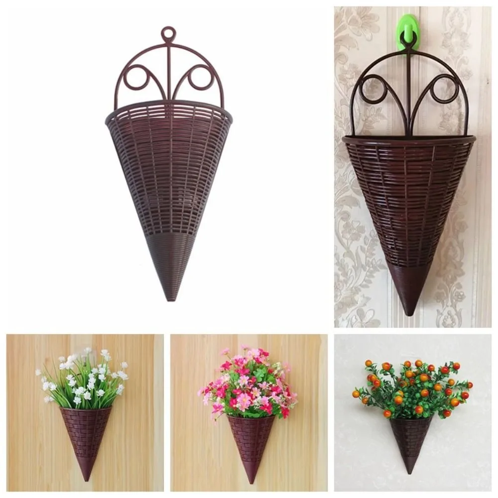 Home Decoration Hanging Flower Basket Durable Plastic Art Rattan Wall Hanging Fan-shaped Pattern Flower Arrangement Container