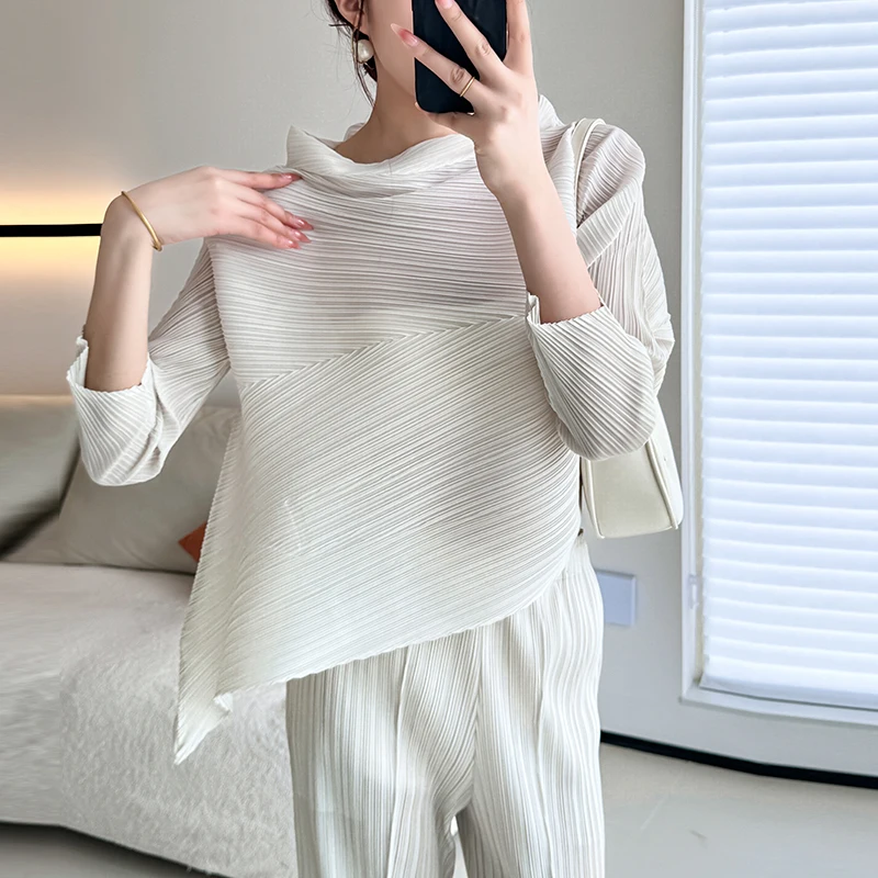 Miyake Pleated Asymmetry Loose Summer Shirt Tops New Fashion Designer Women Half High Collar Long Sleeve Elastic T-Shirt Ladies