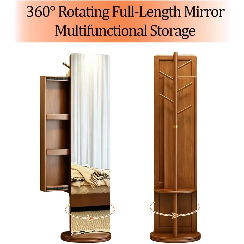 360 Rotating Full Length Mirror with Storage 168 x 48 cm Standing Mirror with Hidden Drawer Coat Rack and Shelf for Bedroom