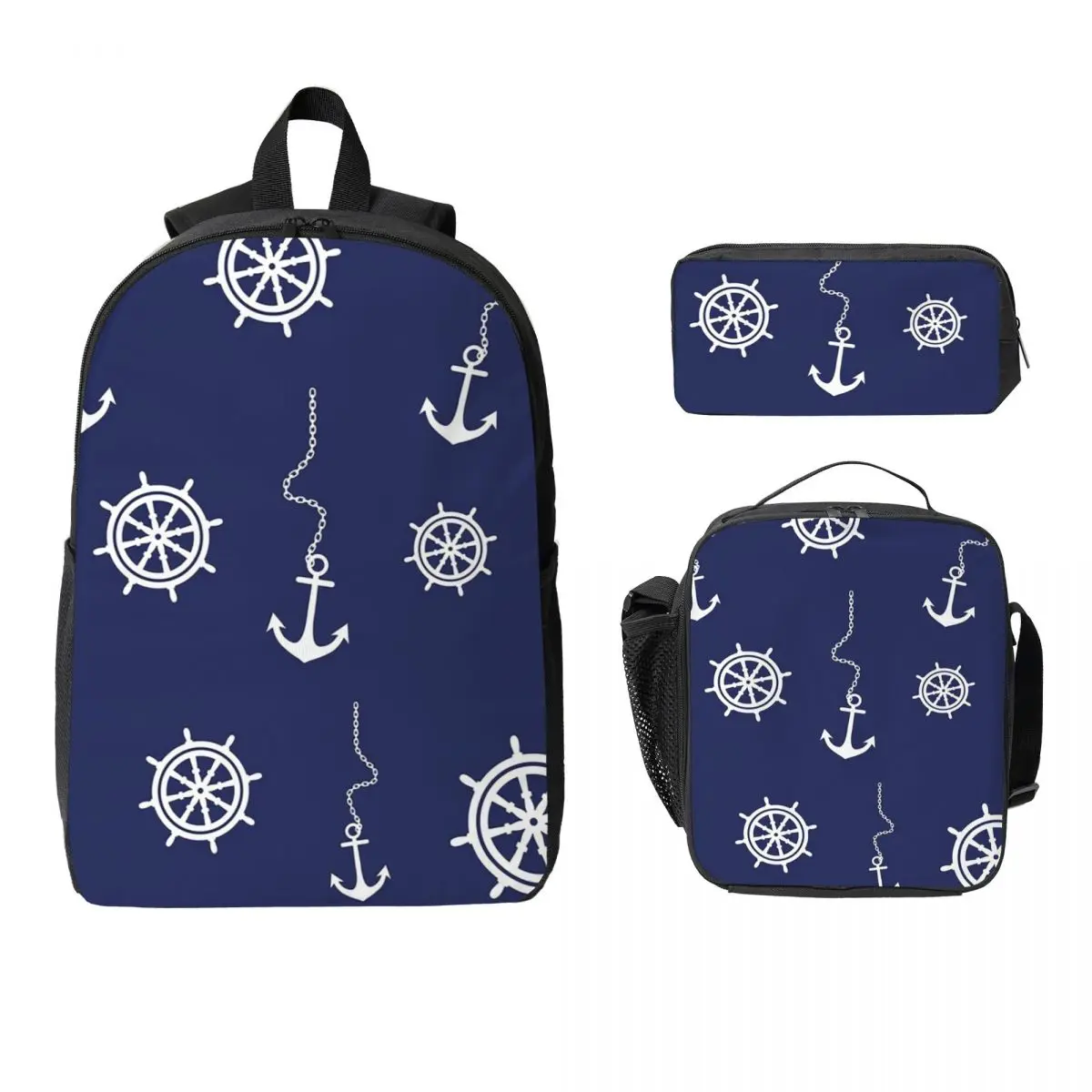 

Nautical Captain Anchor Backpack Student Boy Girls BookBag School Bag Computer Shoulder Bags 3ps Insulated Lunch Bag Pencil Case