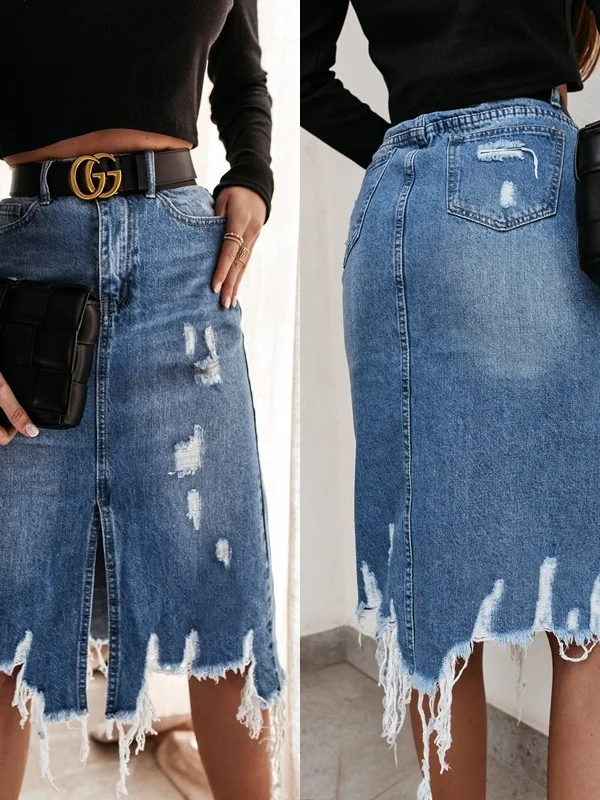 

Casual Sle Irregular Hole Denim Skirt Mid-Length Casual Cotton Straight Tube Skirt for Women All-Match Versatile Chinese Pr...