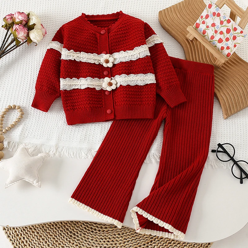 

Рождественский костюм для маленьких девочек от 2 до 6 лет, вязаный комплект с цветочным принтом, осенний однобортный свитер + расклешенные брюки с рюшами, вязаный комплект для девочек