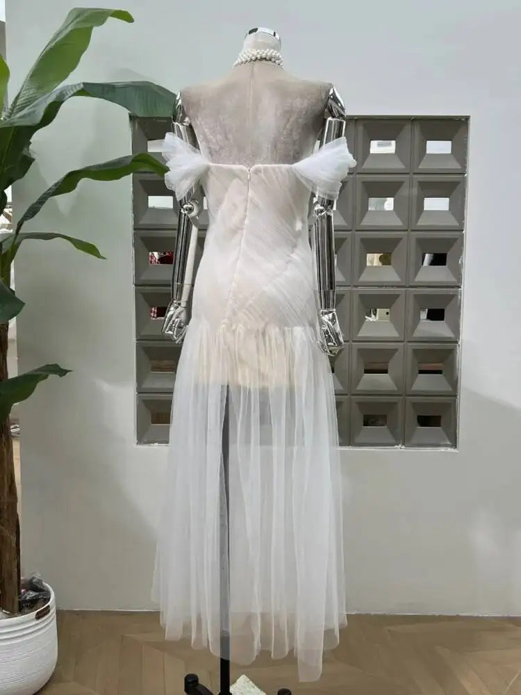 DFDG فستان سهرة نسائي أنيق مطوي من التل بدون حمالات فستان حفلات الزفاف رقبة فاخرة زفاف رسمي لربيع وصيف 2025