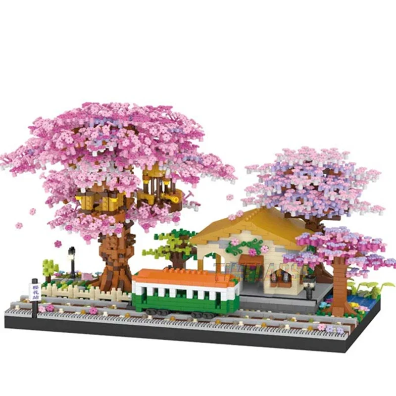 Blocos de construção em miniatura para crianças, casa de cerejeira, bricolage, montagem educacional, tijolos de flores, brinquedos para meninas