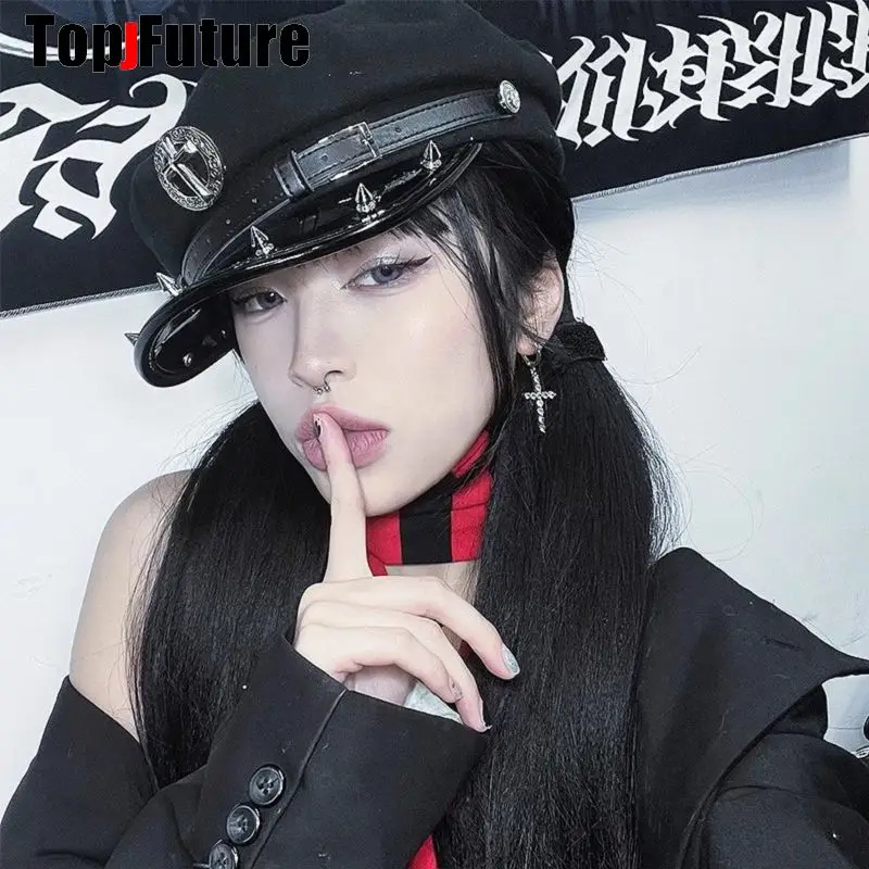 Harajuku Gothic Lolita Hut Frauen Punk Kette Subkultur Gewürz Mädchen Spike Niet Kappe Hut weiblich y2k Mädchen Zubehör Spitze Kappe