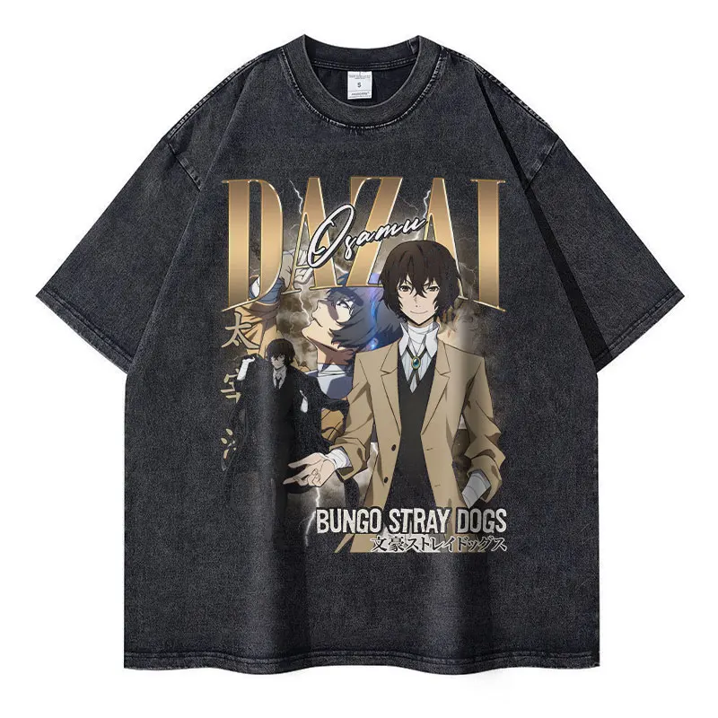 Nakahara Chuuya T-shirt Vintage Washed Anime T Shirts Oversized Streetwear Dazai Osamu Atsushi Retro Tops Tees Men 100% Cotton