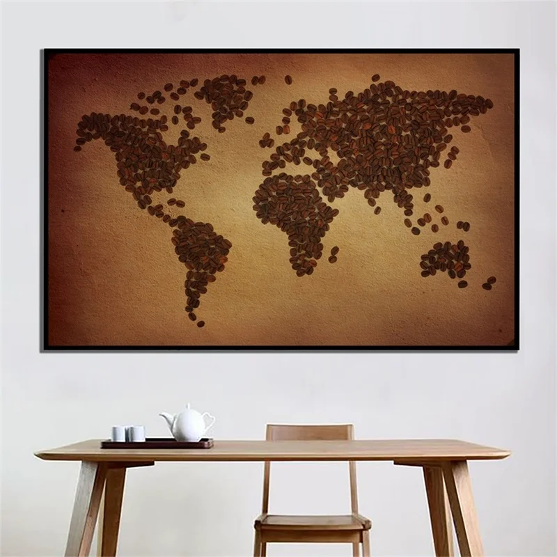 150x100cm Non tessuto fai da te mappa del mondo modello piatto in chicchi di caffè decorazione della parete della casa mappa