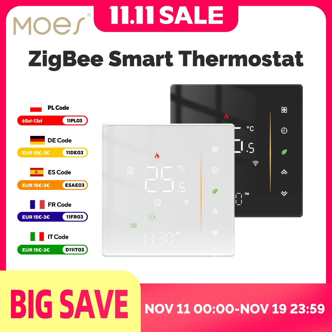 MOES Zigbee Thermostat Room Temperature Controller of Water/Electric Floor Heating Gas Boiler Humidity Tuya Work with Alex 5A16A