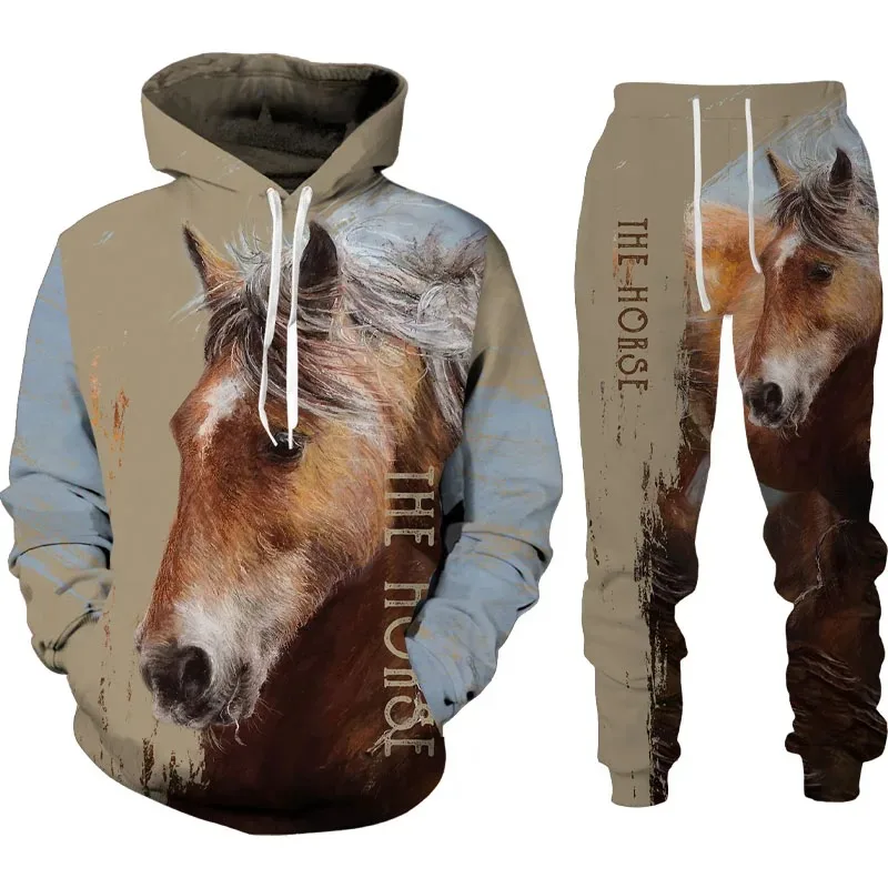 Hoodies Set Autumn And Winter 3D Horse Printed Boys Hooded Set Boy Sportswear Tracksuit Long Sleeve Boys And Girls Clothing Suit