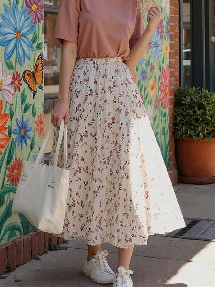 

Skirts Women Colorblock Design Fashion High Waist A-line Midi Korean Style All-match Streetwear Sweet Girl Summer Beach Party