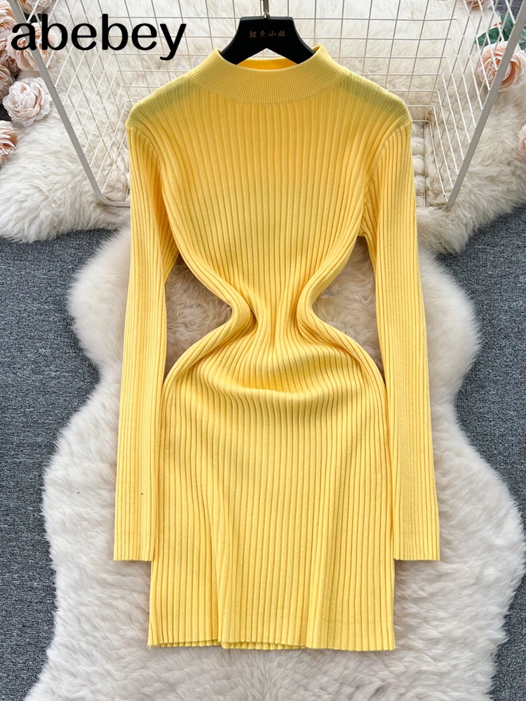 Abito lavorato a maglia autunnale da donna Mezza colletto Collo Abito maglione aderente basic elastico sottile sexy Mini abito caldo lavorato a maglia invernale