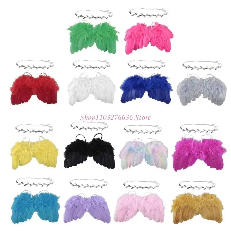 R6FD Newborn Photography Props Outfits Baby Headdress and Baby Wings Set for Infants Girl Boy Leaves Headband Prop