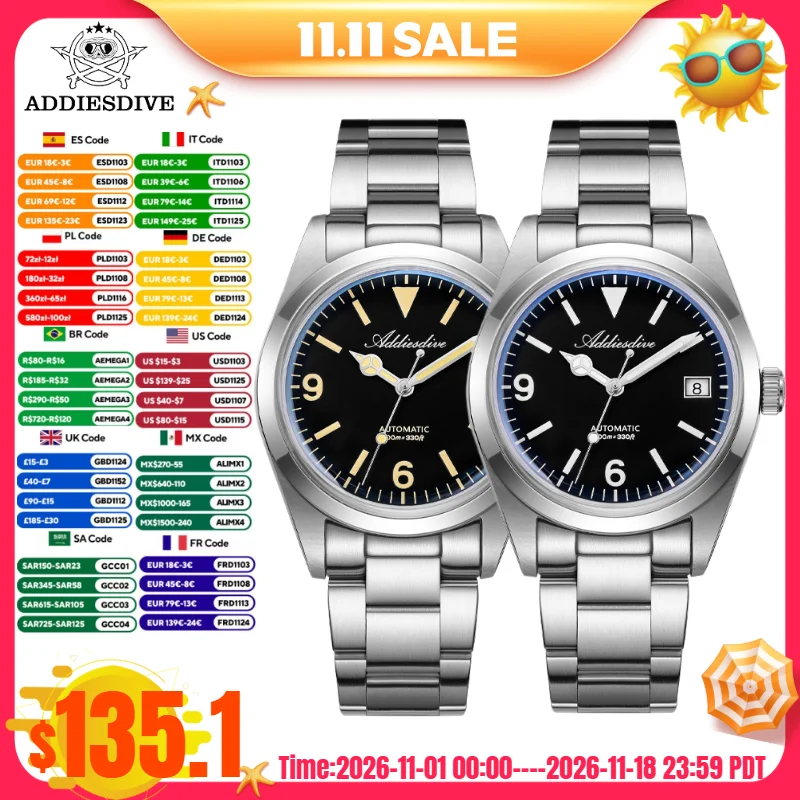 ADDIESDIVE AD2556 Synthetic Sapphire Glass Mechanical Automatic Watches BGW9/C3 Super Luminous 100m Waterproof 36mm Men's Watch