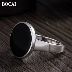 BOCAI Simple Style New Real S925 Silver Man Ring Black Round Plane Solid Fashion Jewelry Accessories
