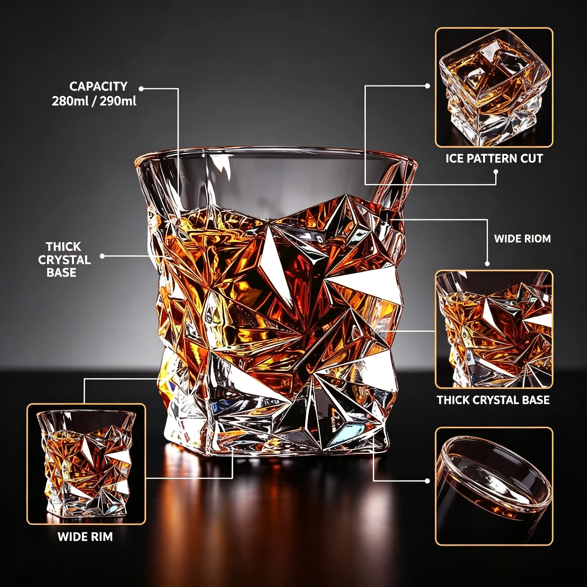 280ml/290ml Crystal Glass Rotating Whiskey Cocktail Beer Cup with Ice Pattern - Premium Creative Barware for Home Bar Party Gift