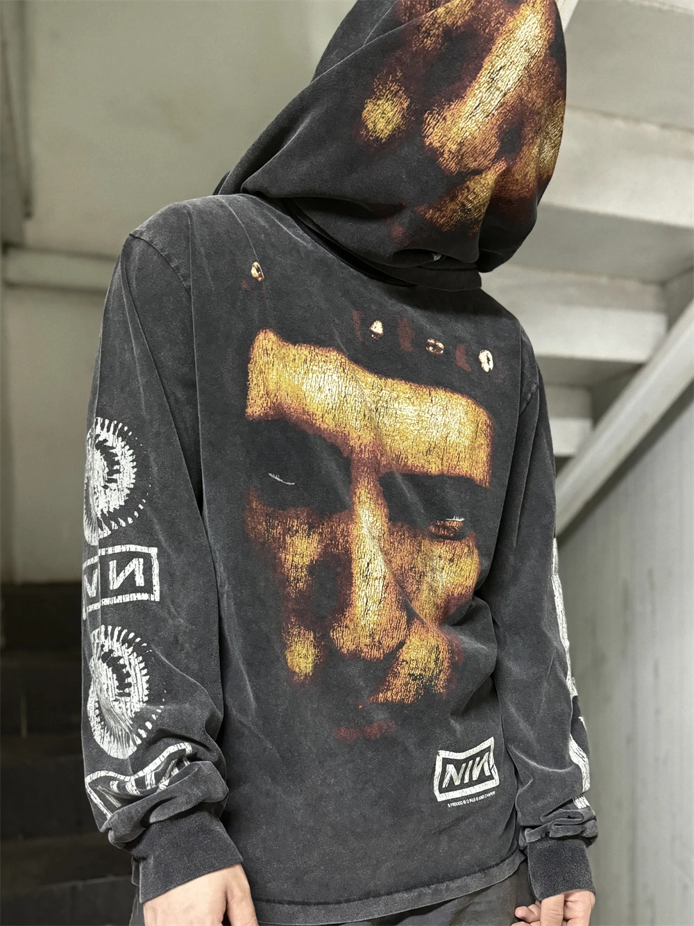 Washed Saint NIN Nine-inch Nail Long Sleeves T-shirt Men Women High Quality Heavy Fabric Unisex Tops Tee T Shirt image 4