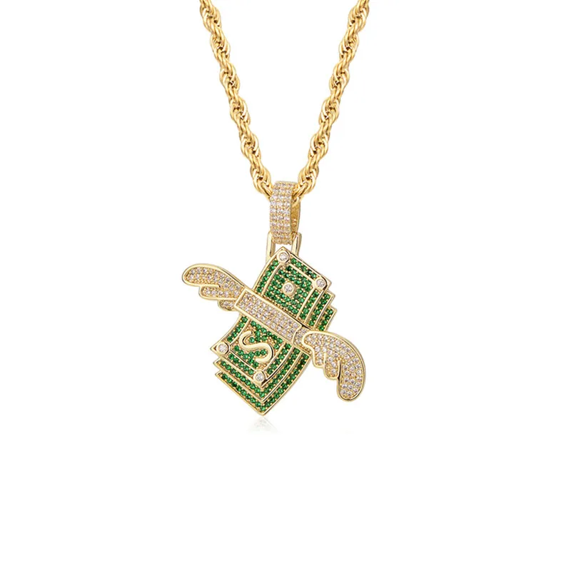 

Gold dollar necklace pendant Hip hop rapper same style China-Chic diamond money bag wing trend