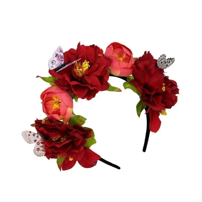 

39BD Fabric Flower Butterfly Hairhoop Mexico Ethnic Headband Adult Festival Headpiece