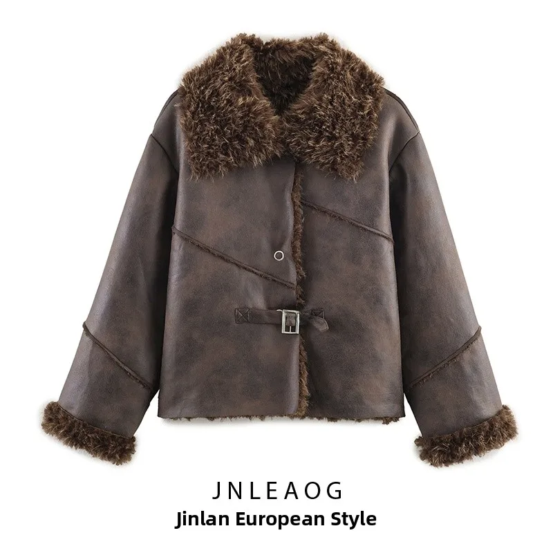 

JNLEAOG Faion Thiened Leather And Fur Inteated Autumn New Sle Women's Coat Versatile Sli Outerwear for Ladies