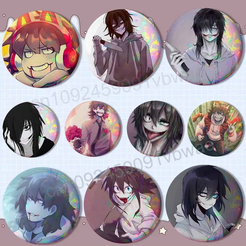 

Creepypasta Jeff the Killer Reflective Pin Tinplate Round Brooch Cartoon Cosplay Badges for Bag Hat Toys Gifts