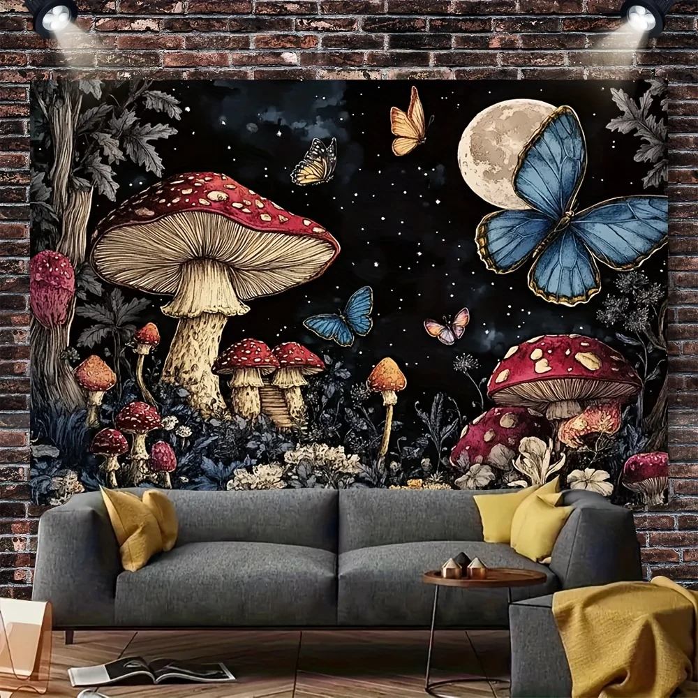VIKAMA Psychedelic Floral Mushroom Forest Tapestry, Wall Hanging, Colorful Garden Art For Bedroom, Living Room, Dorm. Home Decor