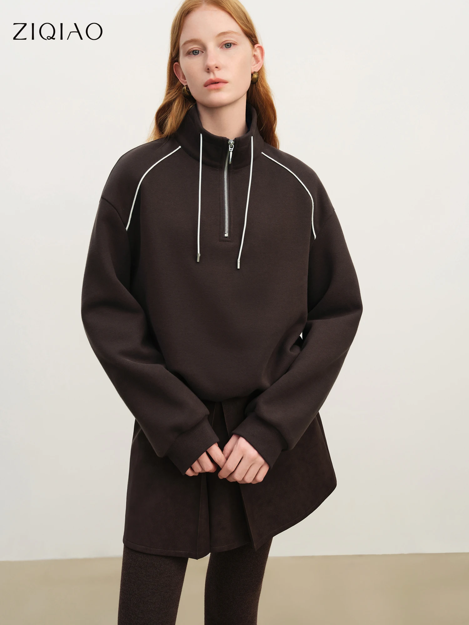 

ZIQIAO 2025 Autumn Winter Women's Stand Collar Drop Shoulder Sweatshirt with Seam Detailing - Relaxed Fit Knit Top for Casual