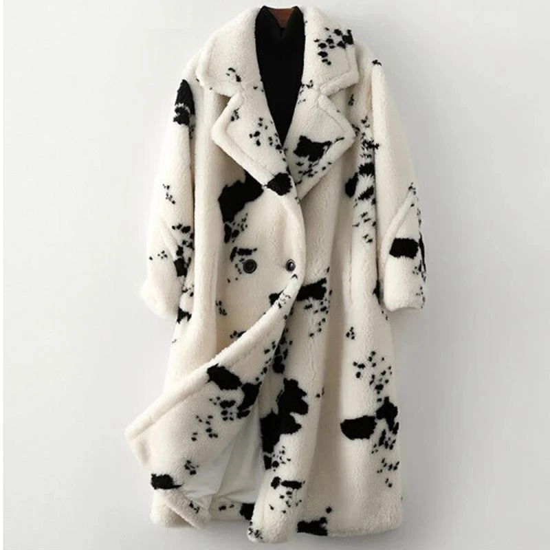 Vrouwen Bont Faux Winter Warm Wol Imitatie Jas Schapen Cut Losse Lange Print Fashion Casual Windjack Bontjas Vrouwen