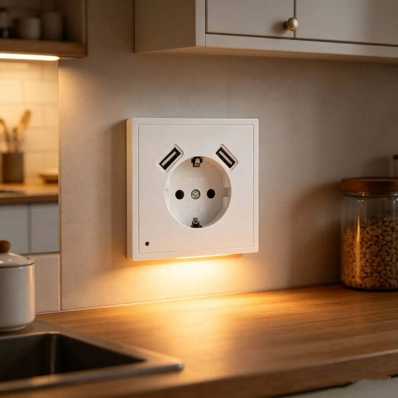 EU Wall Socket with 2 USB Ports 5V 2A, LED Night Light with Light Sensor, Schuko Power Outlet