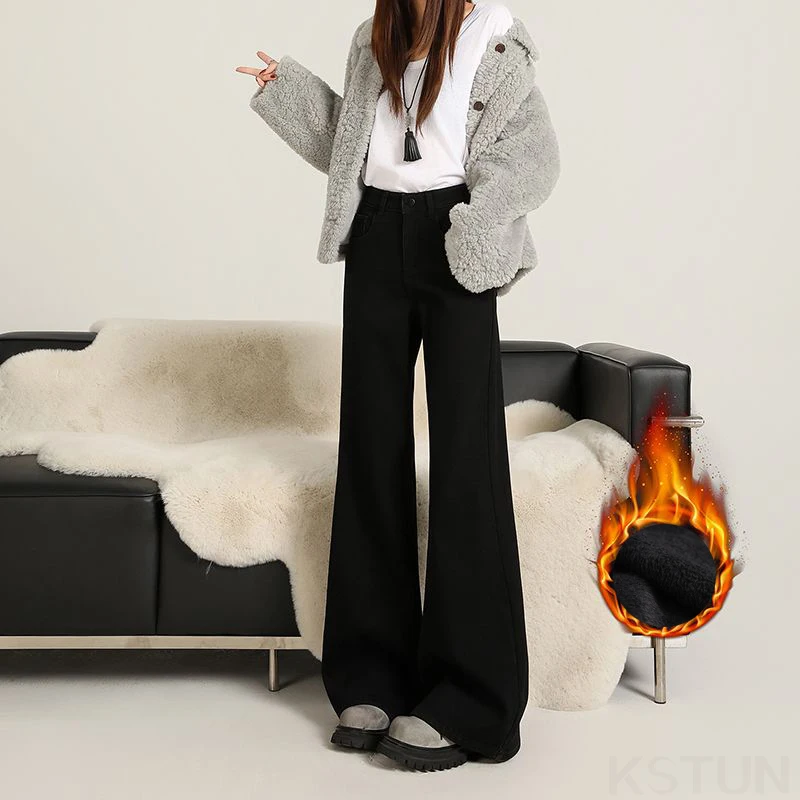 KSTUN 2025, Winter-Damen-Fleece-Jeans, warm, gerades Bein, ausgestellte Hose, hohe Taille, Bell-Bottom-Hose, Vintage-Stretch, verdickt