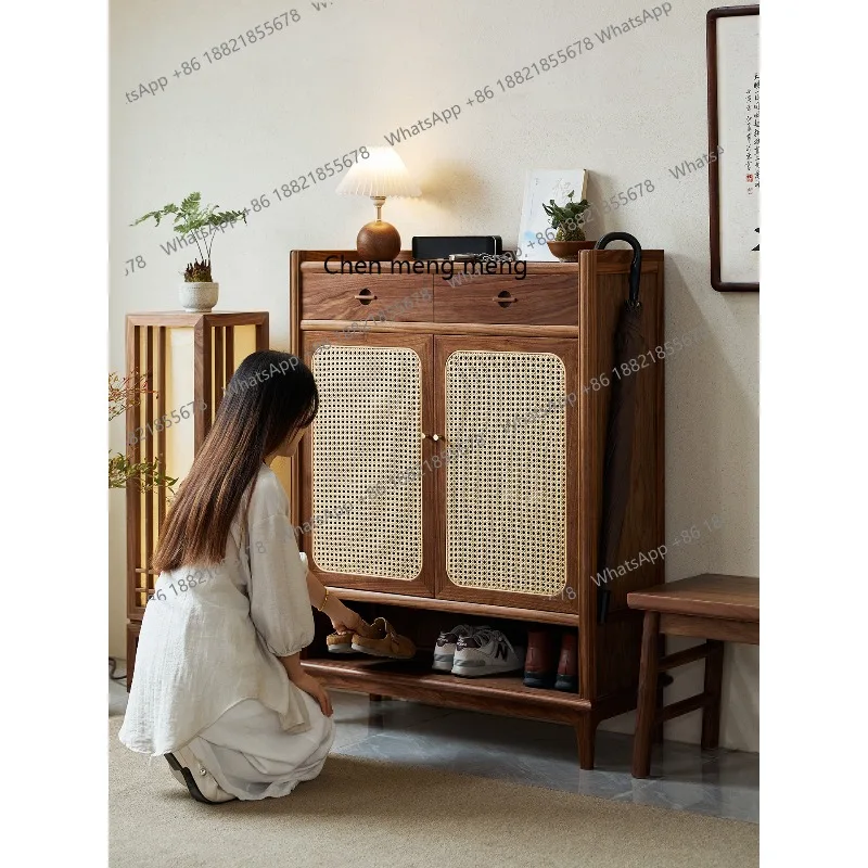 

Chinese style black walnut entrance shoe cabinet household elevator foyer entry cabinet living room solid wood storage cabinet