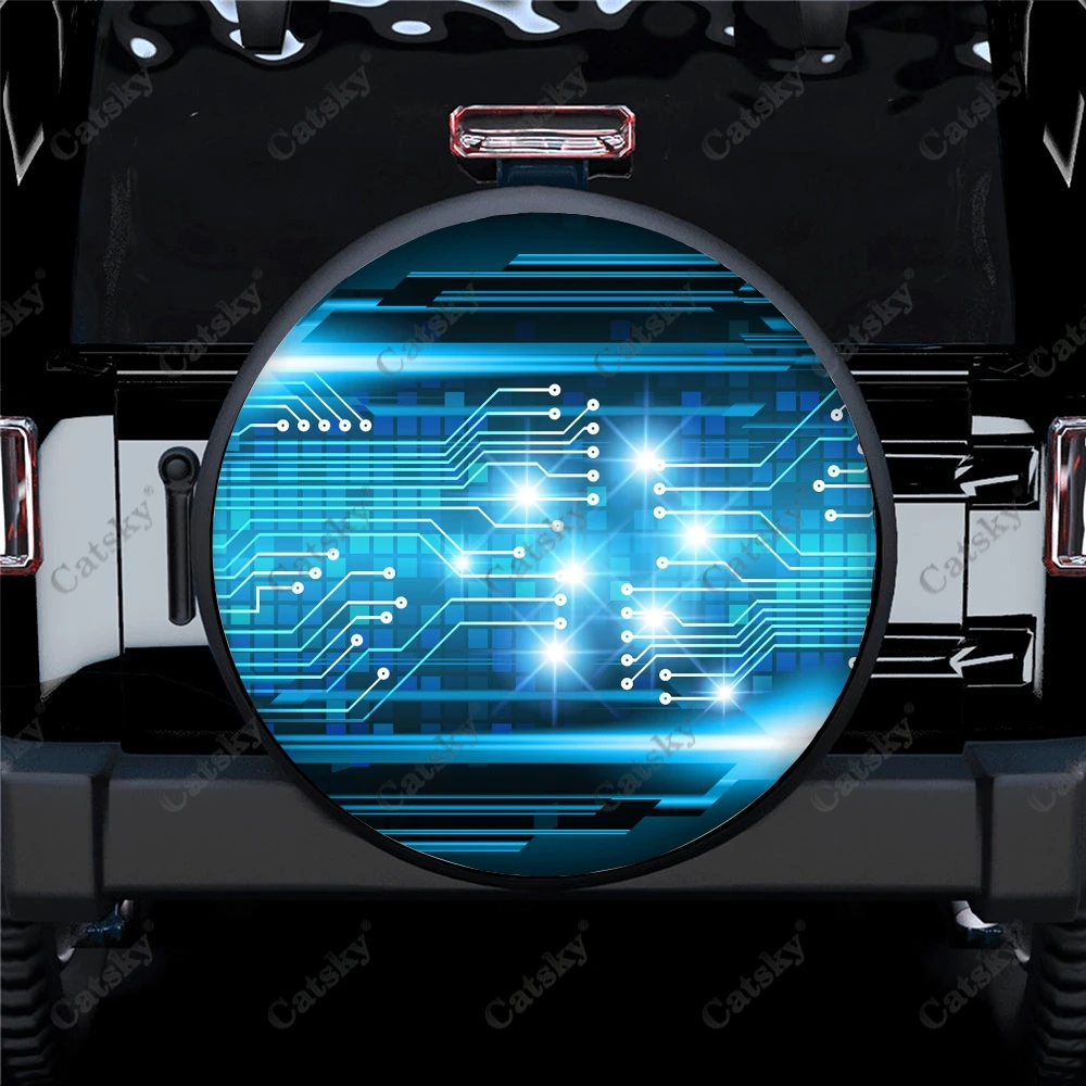 Future Cyber Circuit Art Polyester Universal Spare Wheel Tire Cover Custom Tire-Covers for Trailer RV SUV Truck Camper