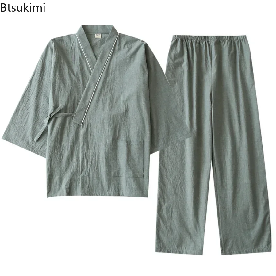 New 2024 Men\'s Solid Japanese Kimono Pajamas Casual Sleepwear Male Lace-Up Top and Pants Sets Soft Two-piece Homewear Suit Male