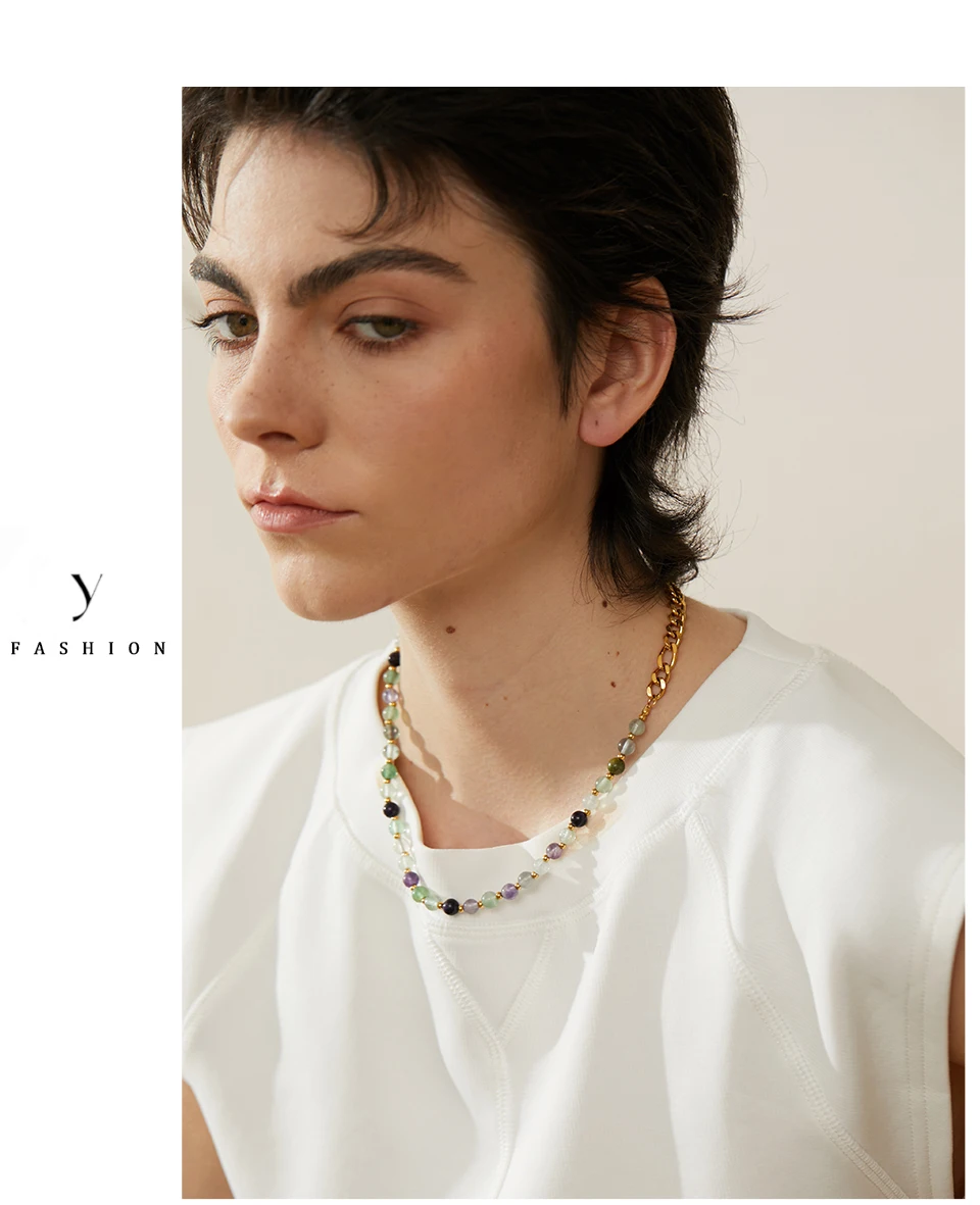 Yhpup Wasserdichte, stilvolle, bunte Natursteinperlenkette, Edelstahl-Halskette für Frauen, exquisiter handgefertigter Schmuck, neu – Detail 2