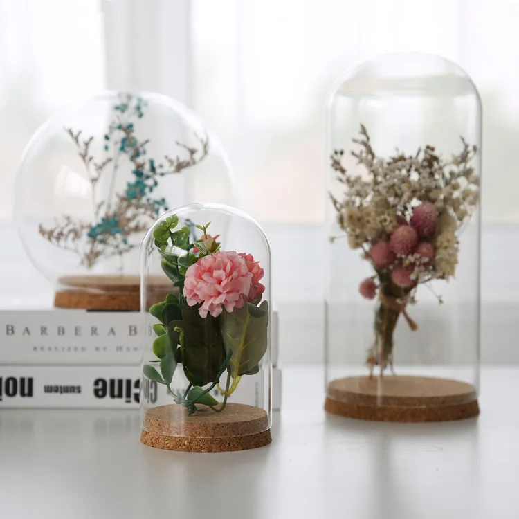 Clear Dome Cloche DIY Landscape Dollhouse Flower Preservation Vase with Wooden Base Antique Glass Bell Jar for Home Office Decro