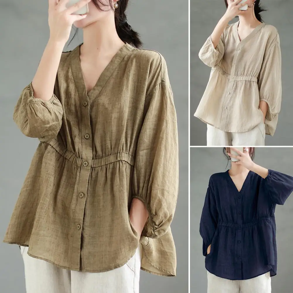 Solid Color Pullover Tops Soft Texture Blouse Stylish Women's V-neck Pullover Tops for Spring Summer Solid Color Half Sleeve