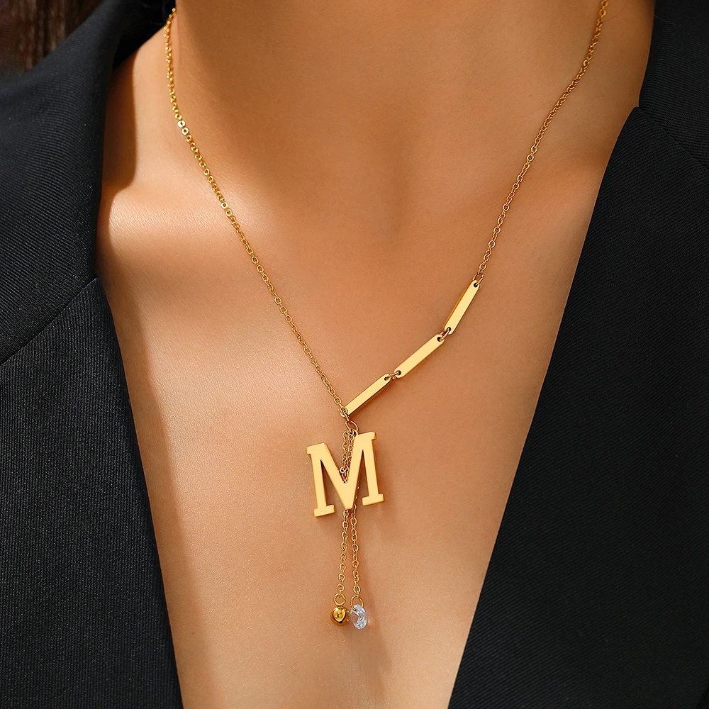 Stainless Steel Necklaces New Popular M Letter Pendants Tassel Zircon Fine Choker Chain Fashion Necklace For Women Jewelry Gift