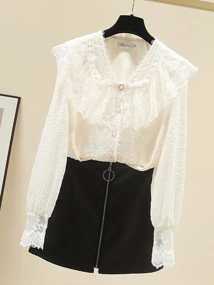 

Spring Autumn Long Sleeved Chiffon Shirt Women's New Office Lady Apricot V-Neck Simple Sweet Elegant Lace Blouse Top S153