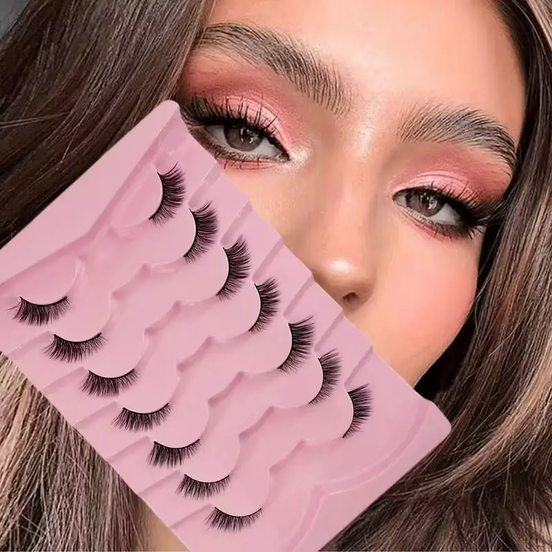 7 Paar feine Katzenaugen-Falsche Wimpern mit transparentem Band, weiche, flauschige halbe Wimpern, perfekte Locken mit natürlicher Wirkung