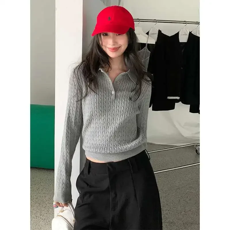 Deeptown Vintage Embroidery Polo Sweaters Women Korean  Preppy Style Knitted Pullover Old Money Long Sleeve Gray Jumpers Classic
