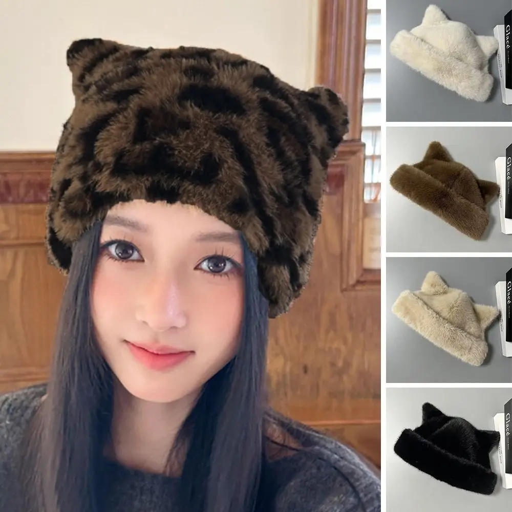 Fashion Warm Winter Hat Thicken Cute Ears Fluffy Fur Bucket Hat Soft Snowy Day Fisherman Hat Chrismas Gifts