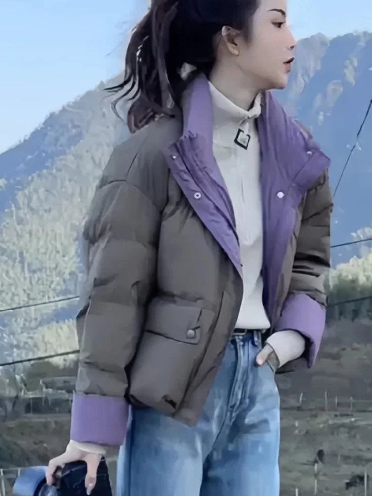 

Женская утепленная куртка-пуховик свободного кроя с воротником-стойкой, в стиле колор-блок, осенне-зимняя, теплая, в корейском стиле