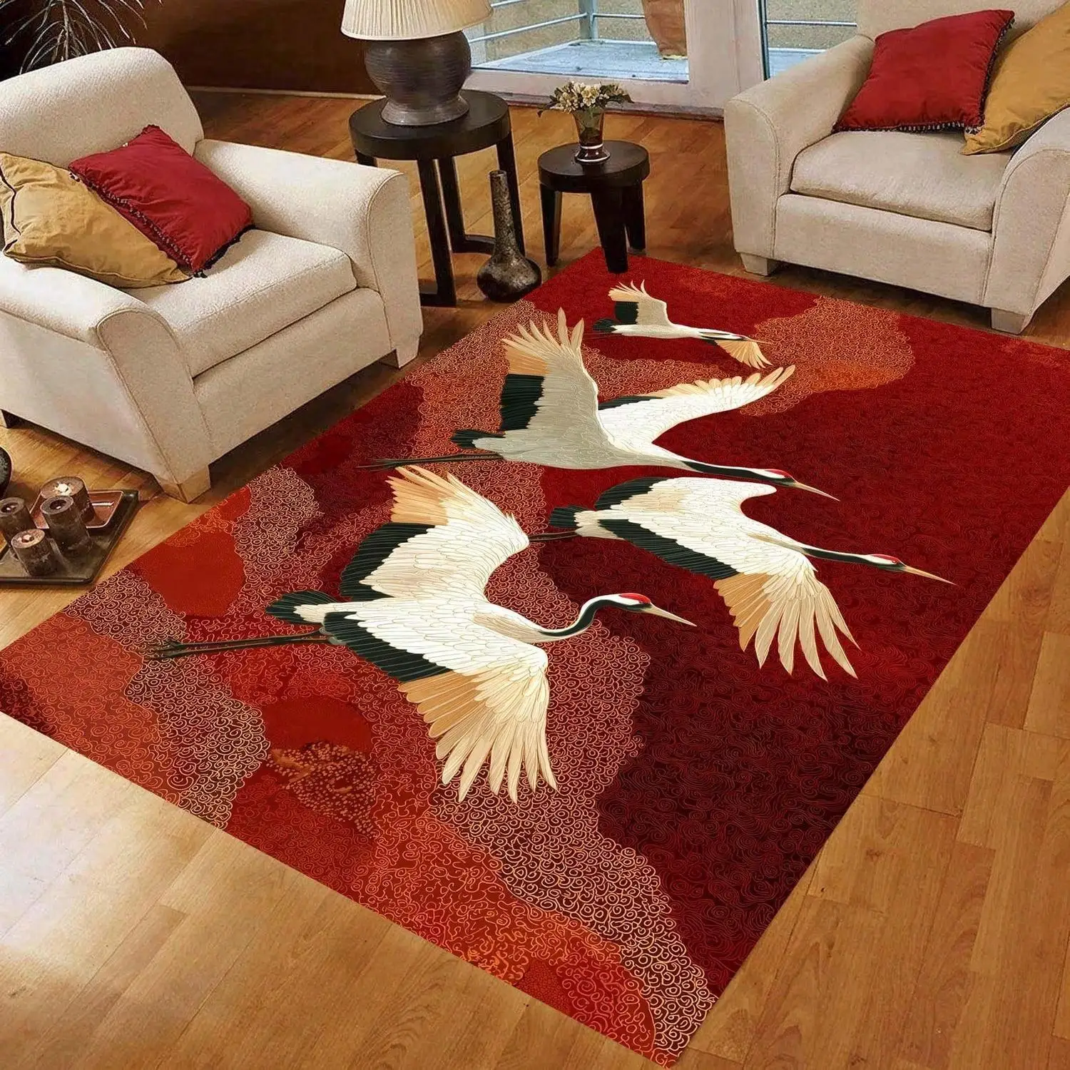 Japanese Crane Red Carpet Asian Bird Carpet, Non-Slip