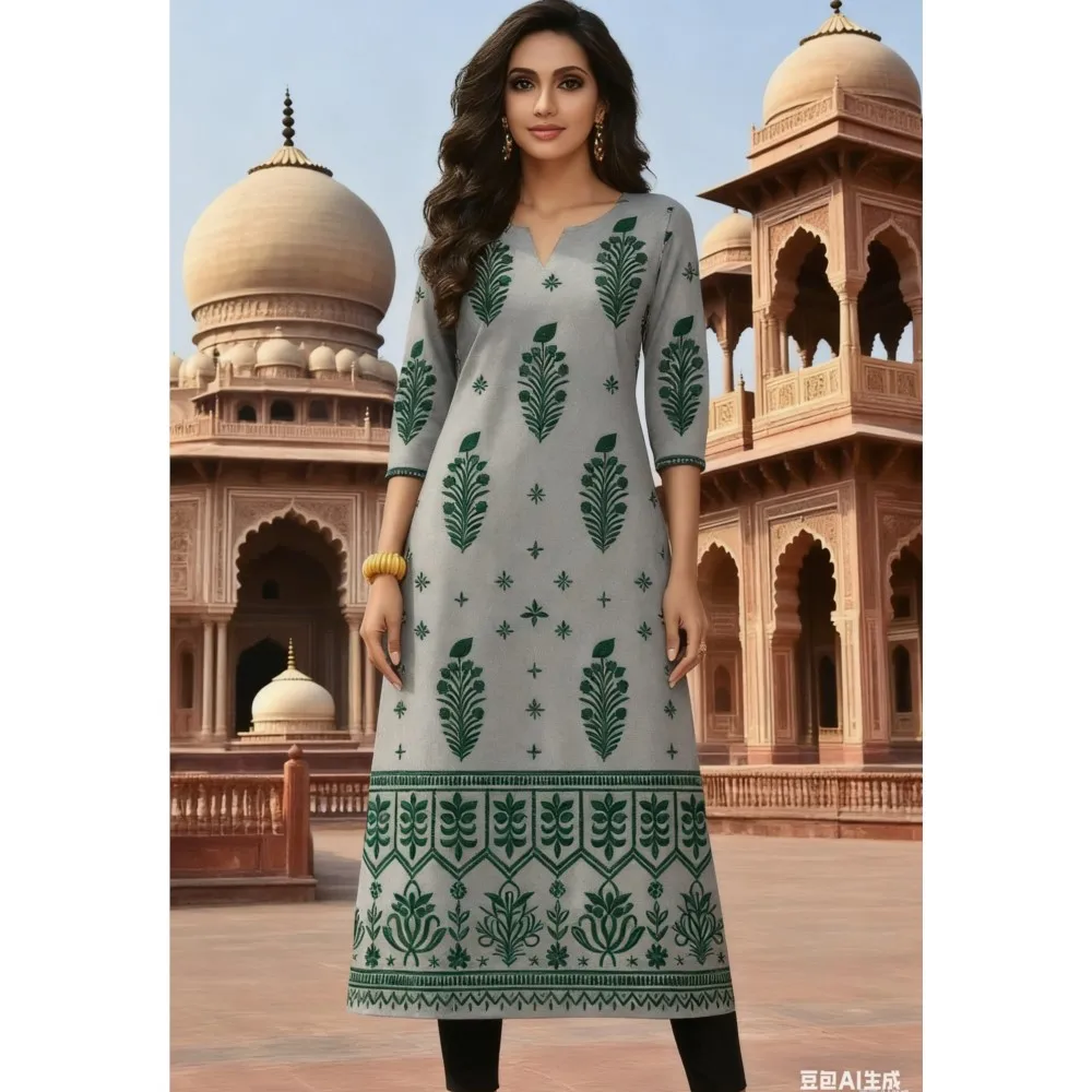 National style Muslim Women's Casual Fashionable And Comfortable Kurtta Dress Long Sleeved Straight Tube Casual Ethnic