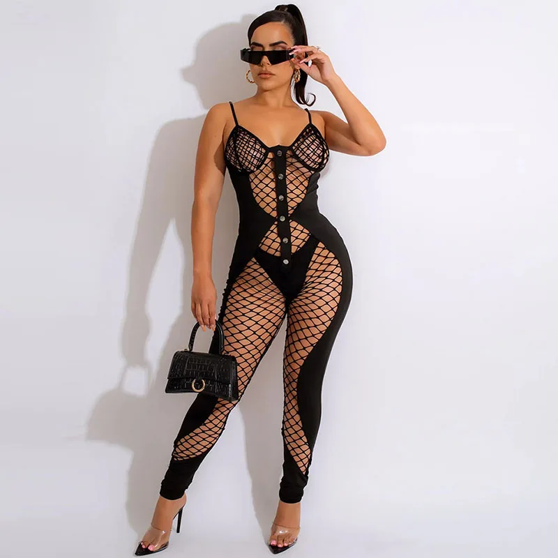 

Sexy Hollow Out Mesh See Through Jumpsuits for Women Party Night Sleeveless Bodycon Rompers Womens Jumpsuit Rave Festival Outfit